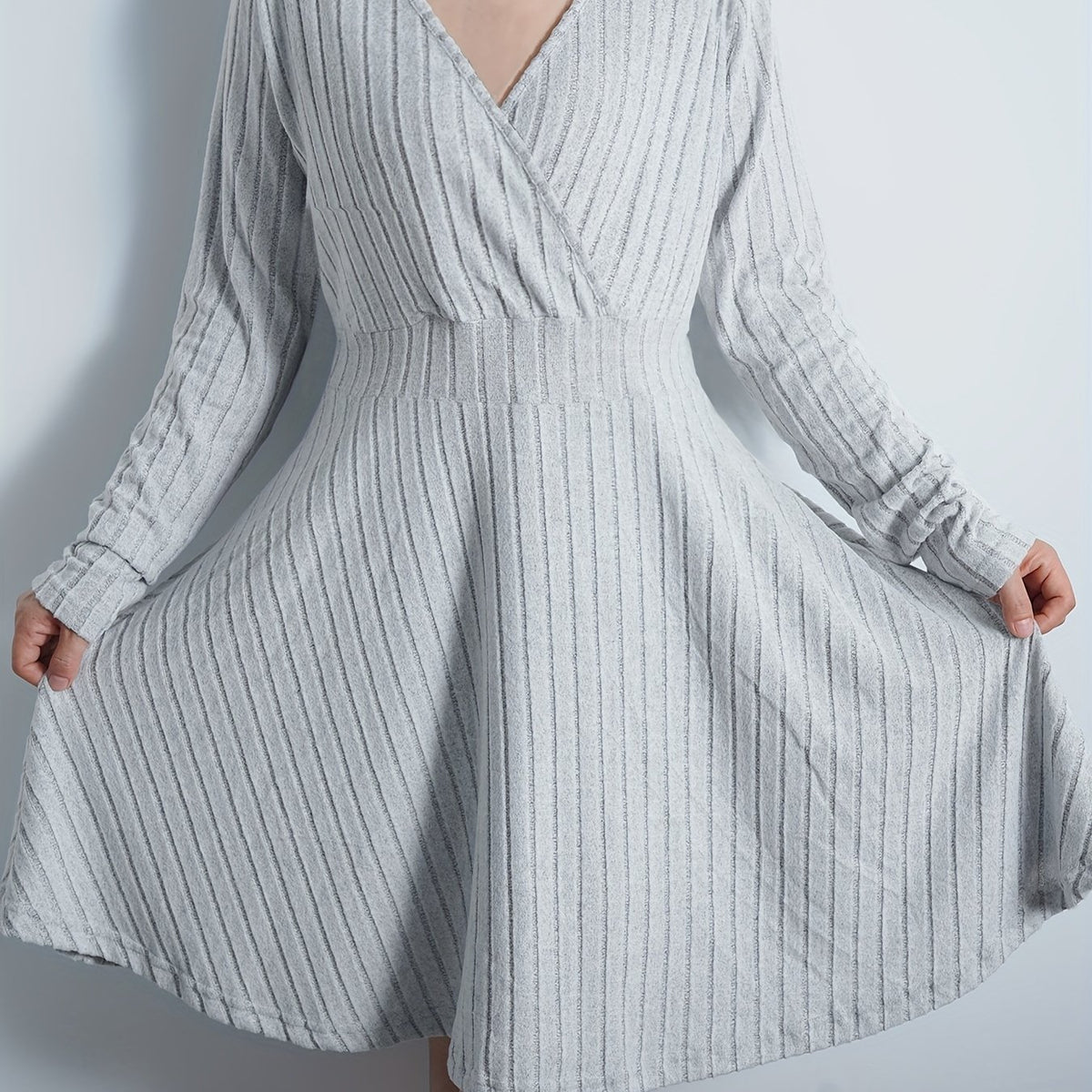  Solid Long Sleeve Surplice Neck Ribbed Knit Sweater Dress