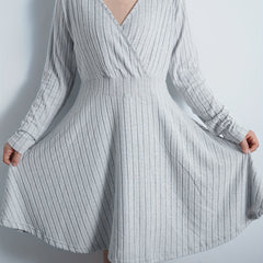  Solid Long Sleeve Surplice Neck Ribbed Knit Sweater Dress