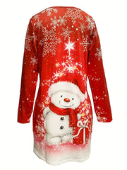  Christmas Dress Women's Snowflake Print Long Sleeve Round Neck Dress