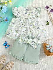 Girls Ruffled Sleeves Floral Blouse Top & Shorts Set