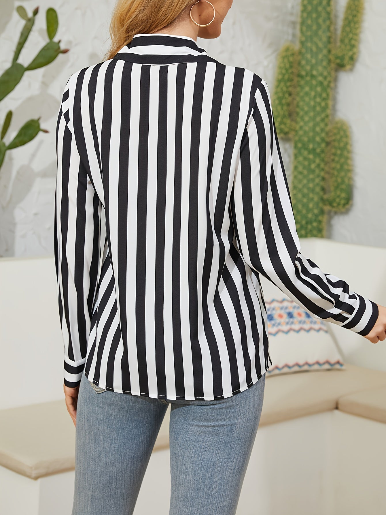  Stripe Print Button Up Long Sleeve Collar Shirt Top