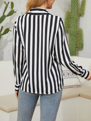  Stripe Print Button Up Long Sleeve Collar Shirt Top