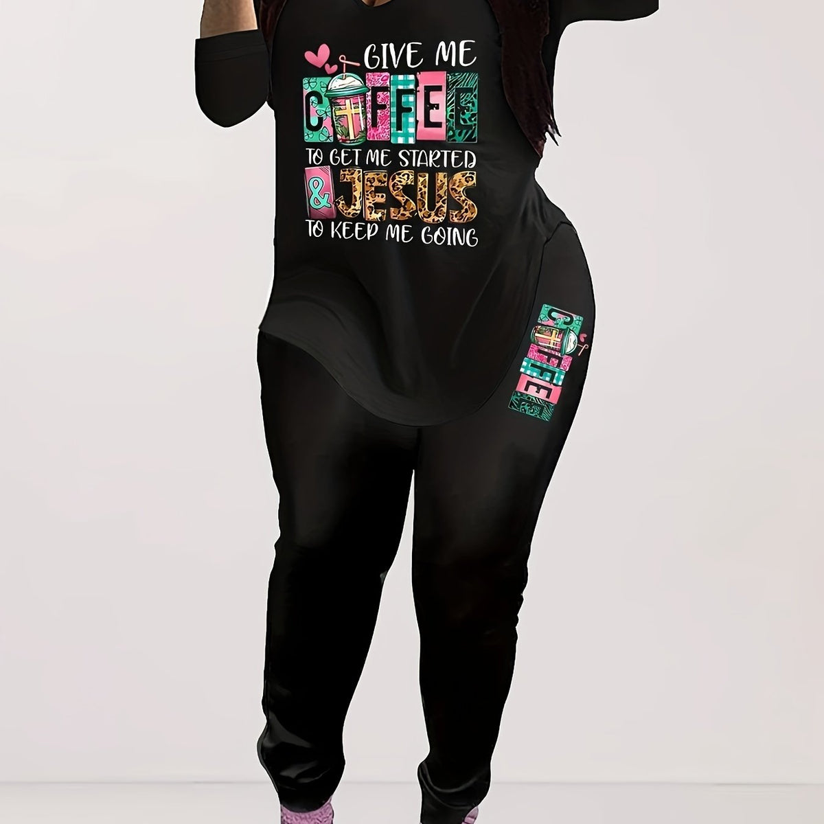 Plus Size Women's Casual 2 Piece Set Long Sleeve V Neck Top & Leggings