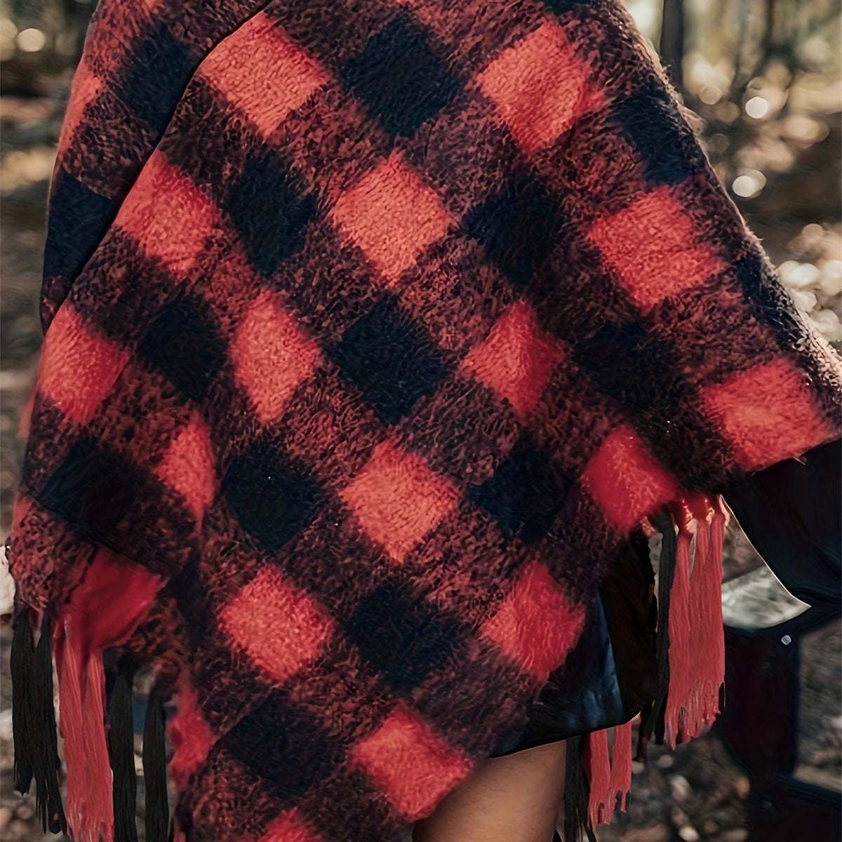  Gingham Print Fringe Trim Shawl Sweater