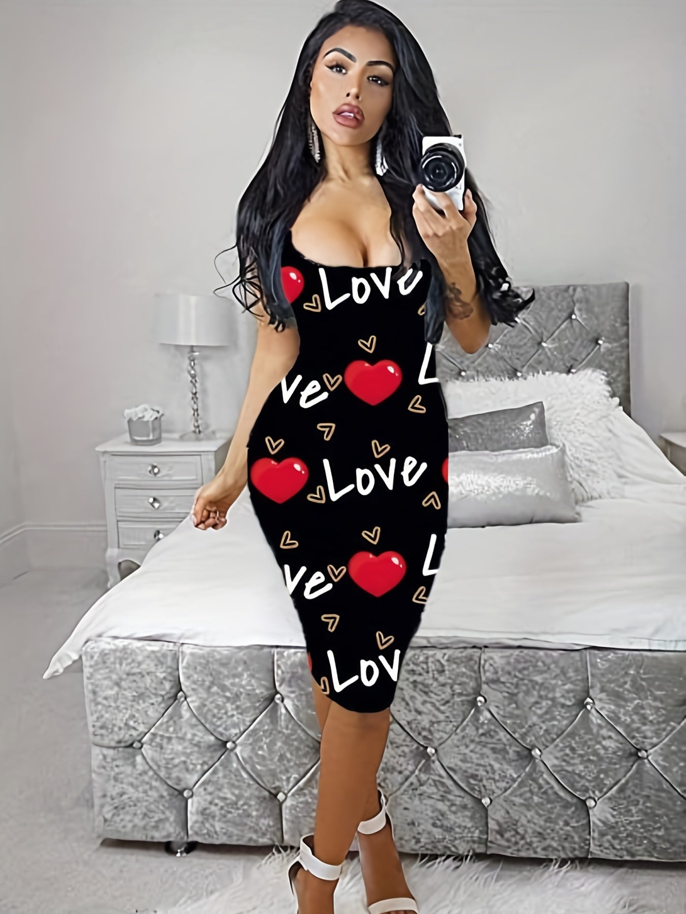 Plus Size Casual Dress Women's Plus Art Letter & Heart Print Bodycon Tank Dress