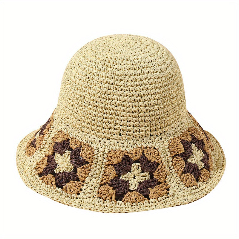 Vintage Rainbow Flower Bucket Hat Hand Crochet Foldable Straw Beach Hats