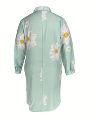  Daisy Print Button Up Long Sleeve Shirt Dress