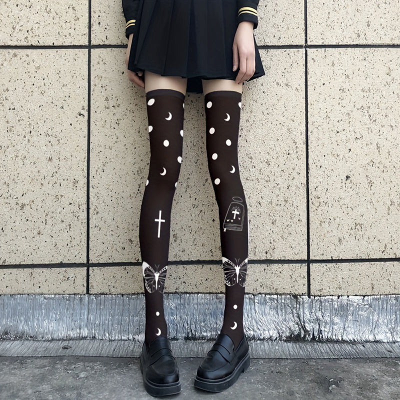 Butterfly & Spider Print Over The Knee Socks Halloween Party Stockings