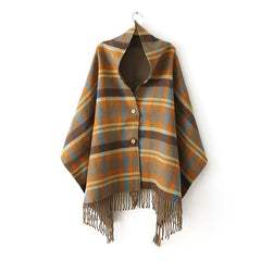 Women Plaid Scarves Wool Shawl Khaki Wool Scarf Boho Cape Winter Tassel