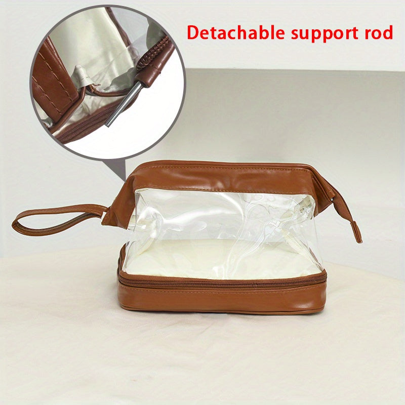 Clear Faux Leather Makeup Bag Waterproof Double Compartment Cosmetic Bag