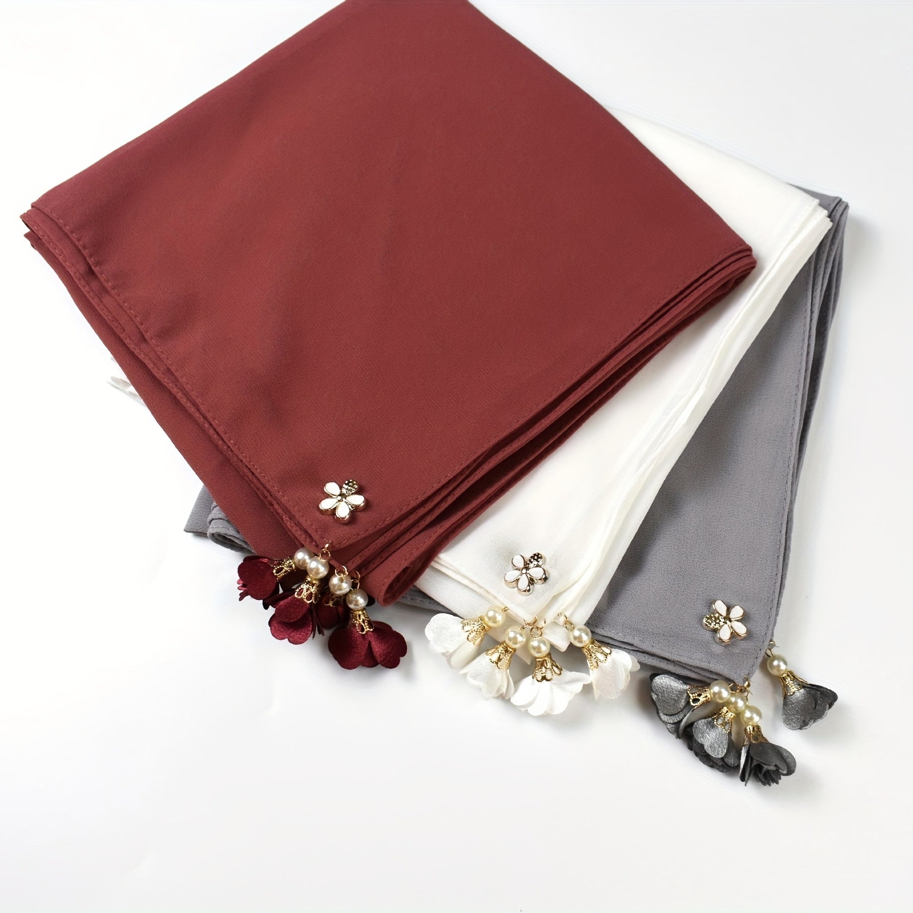 Chiffon Scarf Faux Pearl Flower Tassel Hijab Solid Shawl Windproof Head Wrap