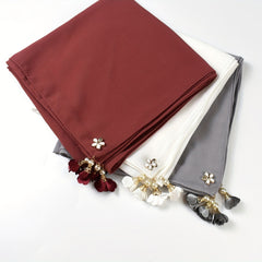 Chiffon Scarf Faux Pearl Flower Tassel Hijab Solid Shawl Windproof Head Wrap