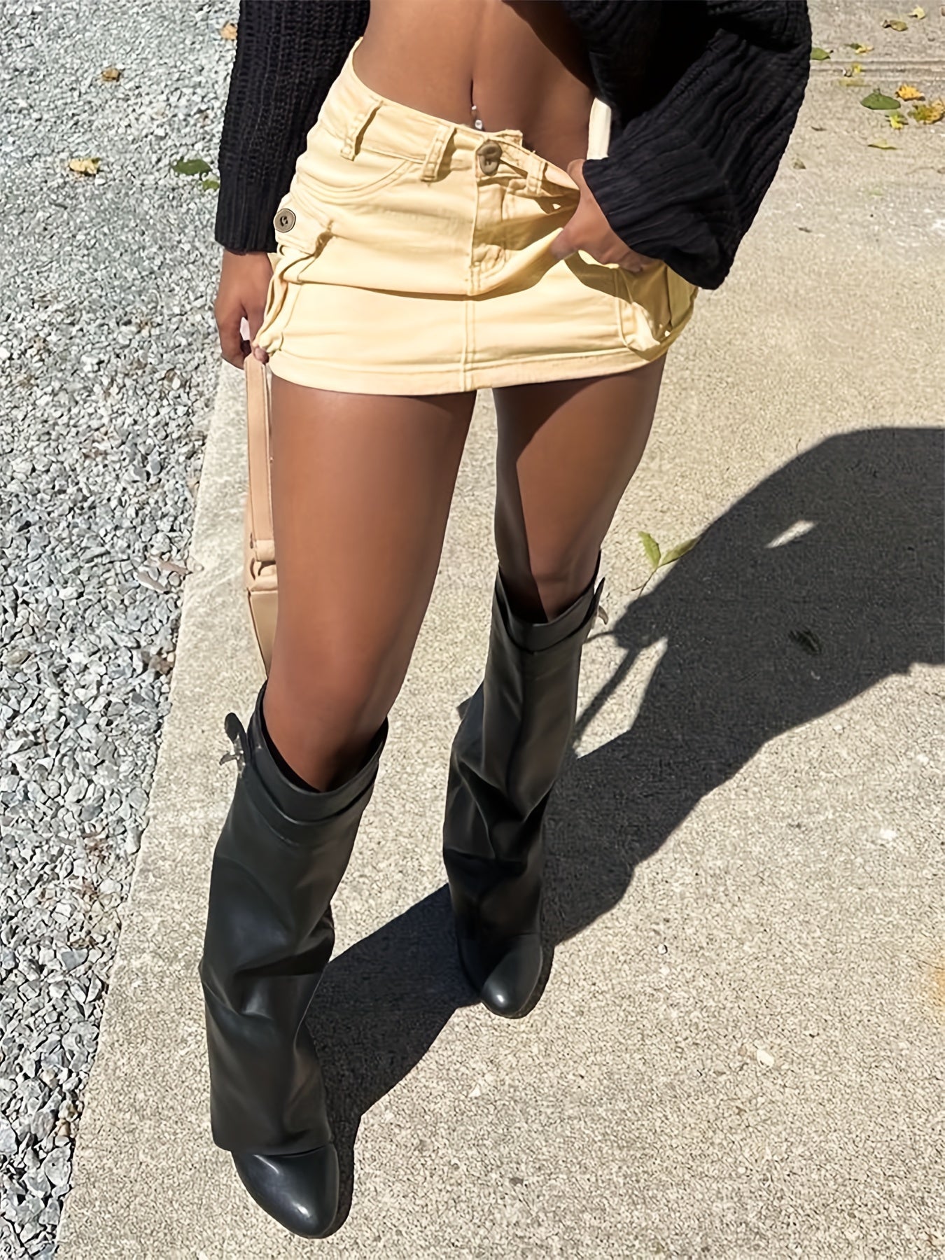 Khaki Denim Skirt with Flap Pockets