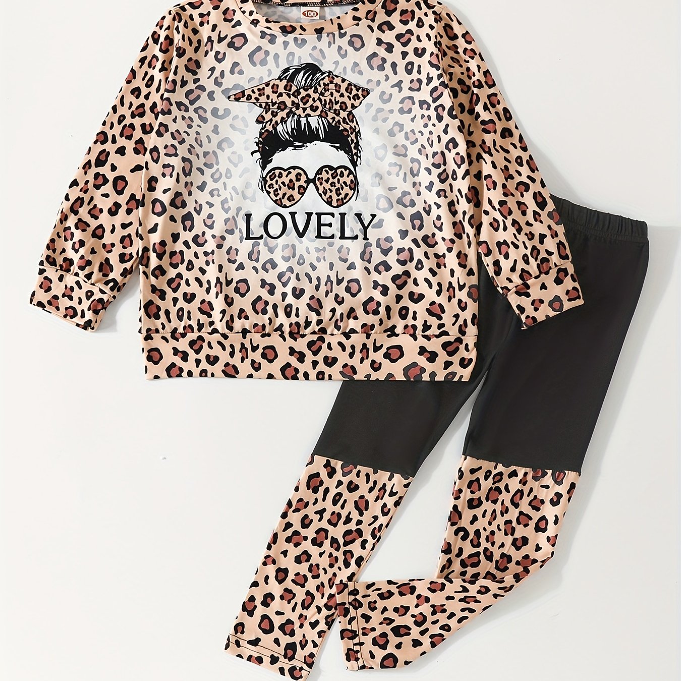Girl's Leopard Pattern 2pcs Outfit Sweatshirt & Leggings Set