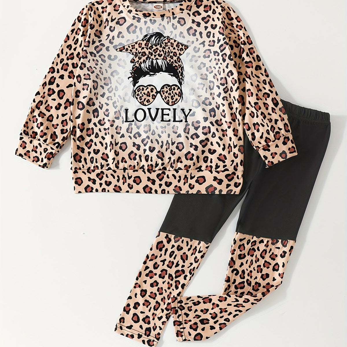 Girl's Leopard Pattern 2pcs Outfit Sweatshirt & Leggings Set
