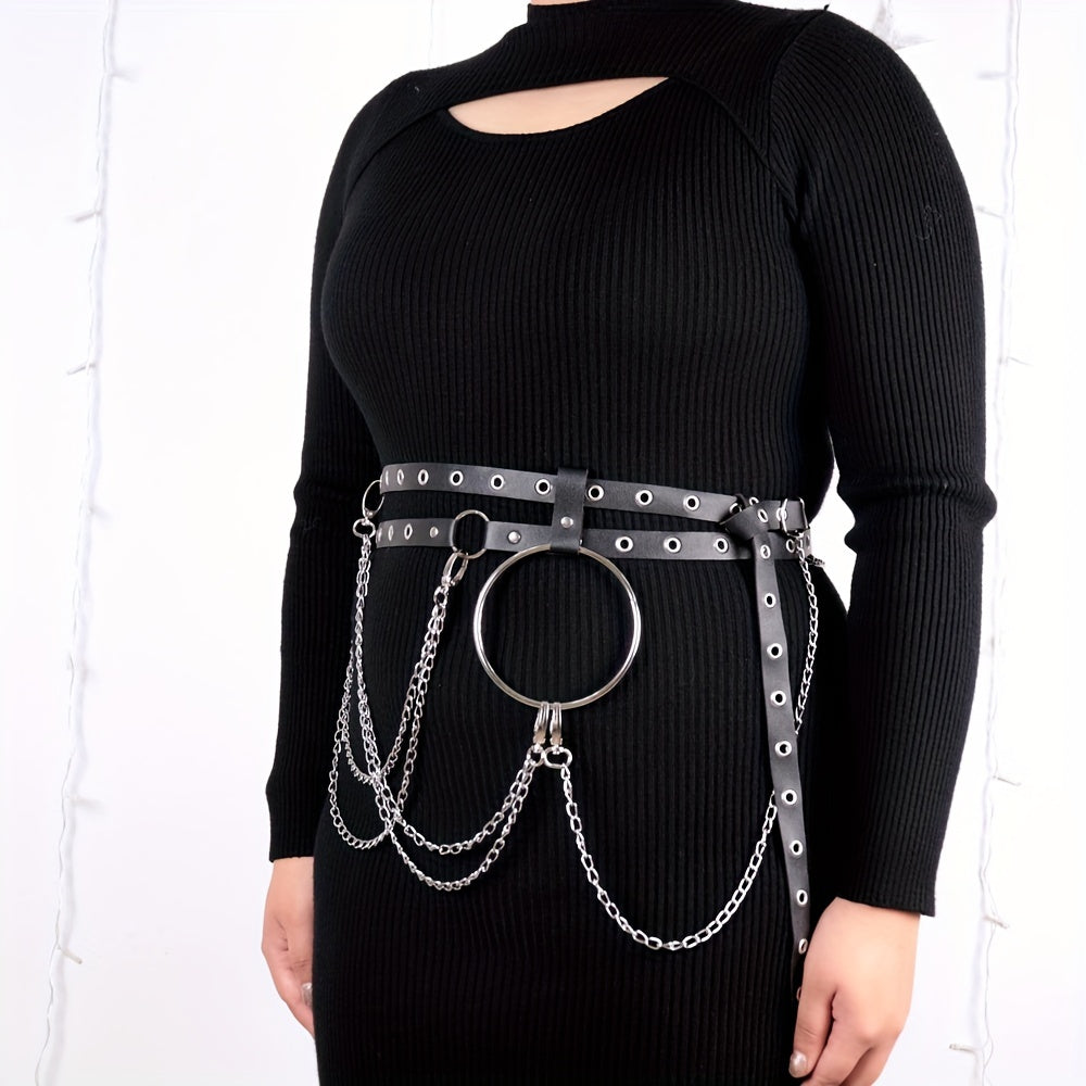  Chain Fringe Harness Belt Double Layer PU Leather Waistband
