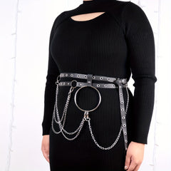  Chain Fringe Harness Belt Double Layer PU Leather Waistband