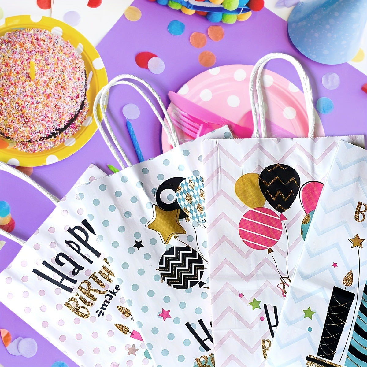 4pcs Happy Birthday Gift Bag Set with Wrappers and Ribbon Ties - Pink Series