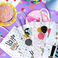 4pcs Happy Birthday Gift Bag Pink Series with Paper Wrappers & Ribbon Ties