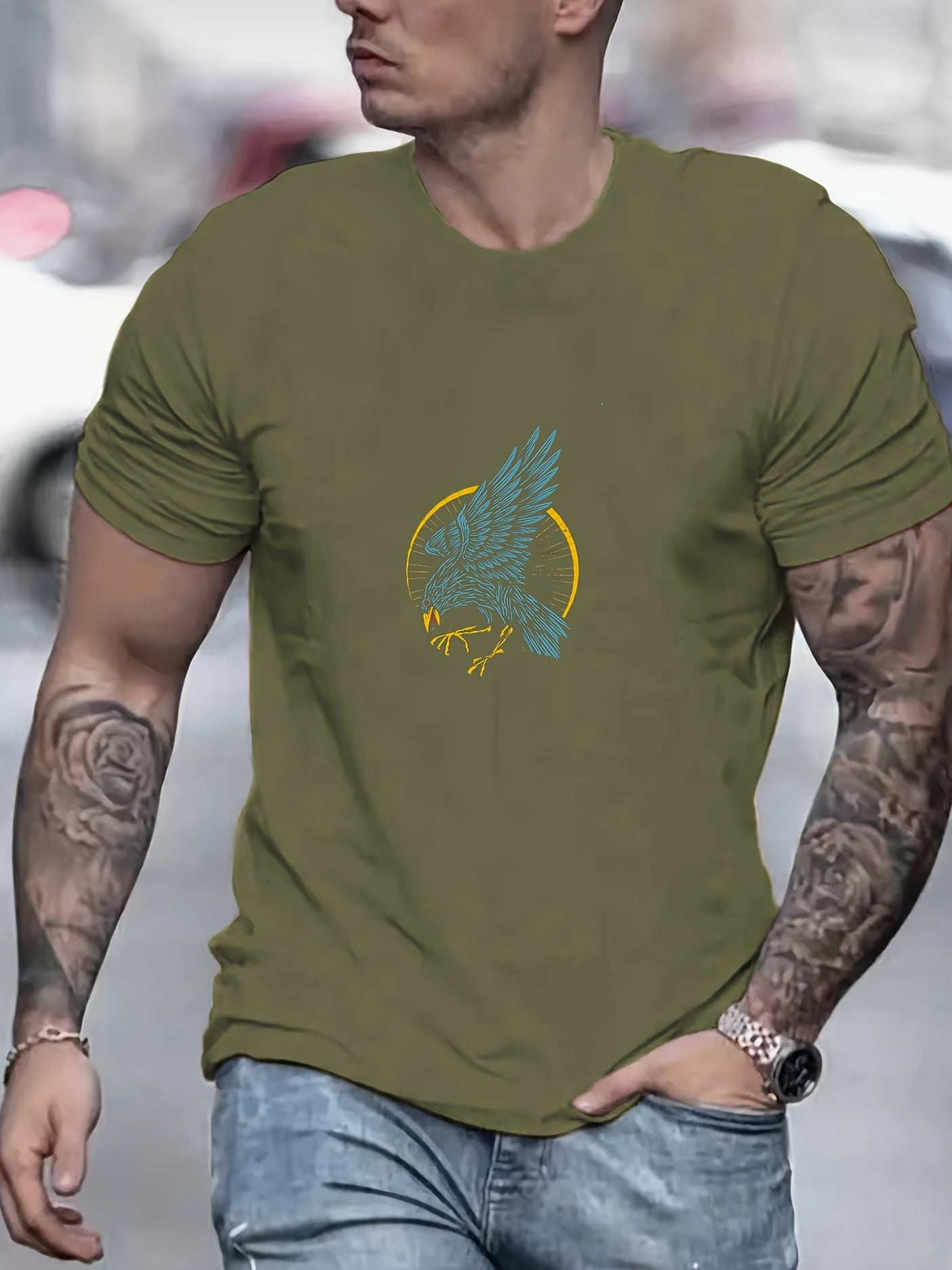 Eagle Print Men's Graphic Crew Neck Active Tshirt