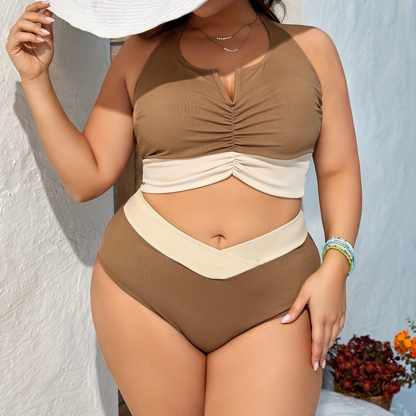  Ribbed Colorblock Ruched Halter Neck Swimsuit Set