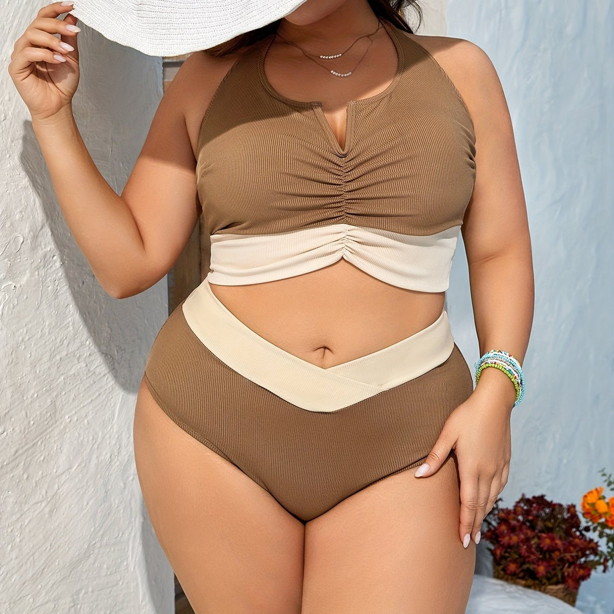  Ribbed Colorblock Ruched Halter Neck Swimsuit Set