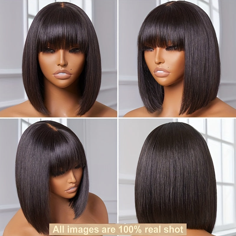 Medium Long Straight Bob Cut Lace Front Wig with Bangs