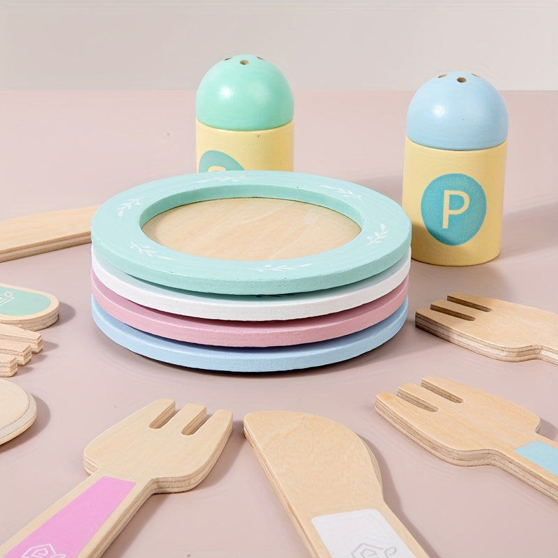 Wooden Play Kitchen Utensil Set Cups Dishes Knives Forks Spoons Educational Toy