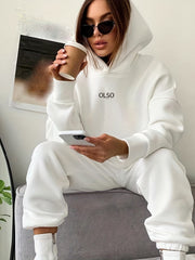 Letter Print Hooded Sweatshirt & Sweatpants Set