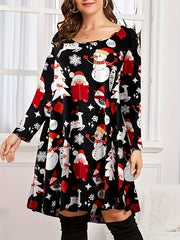  Christmas Dress Women's Plus Santa Claus & Snowman Print Long Sleeve