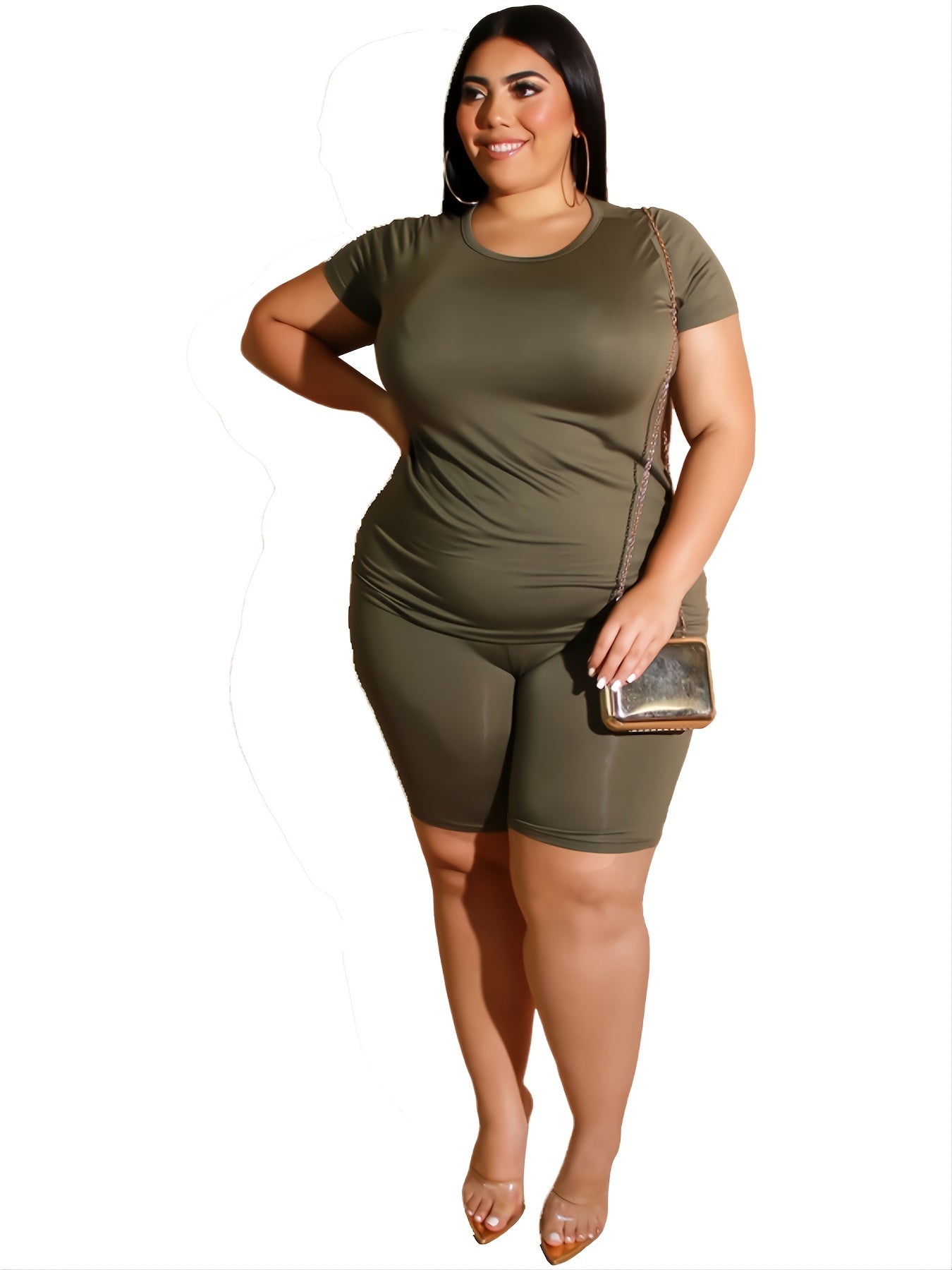  Solid Top & High Waist Skinny Shorts Set Women's Plus Co ords