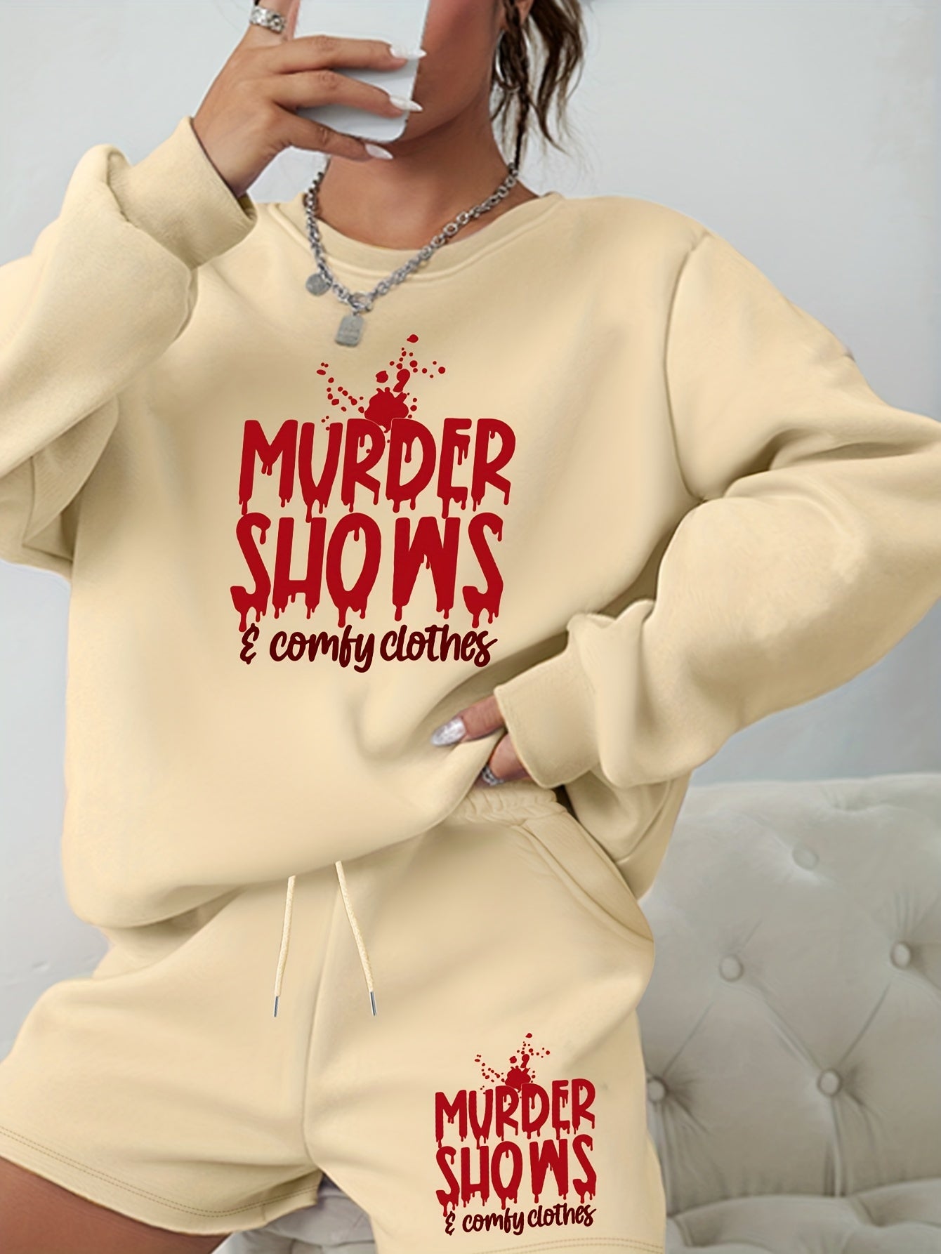 Women's Plus Size Halloween 2pcs Set Letter Print Sweatshirt & Shorts