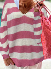  Colorblock Stripe Print V Neck Jumper