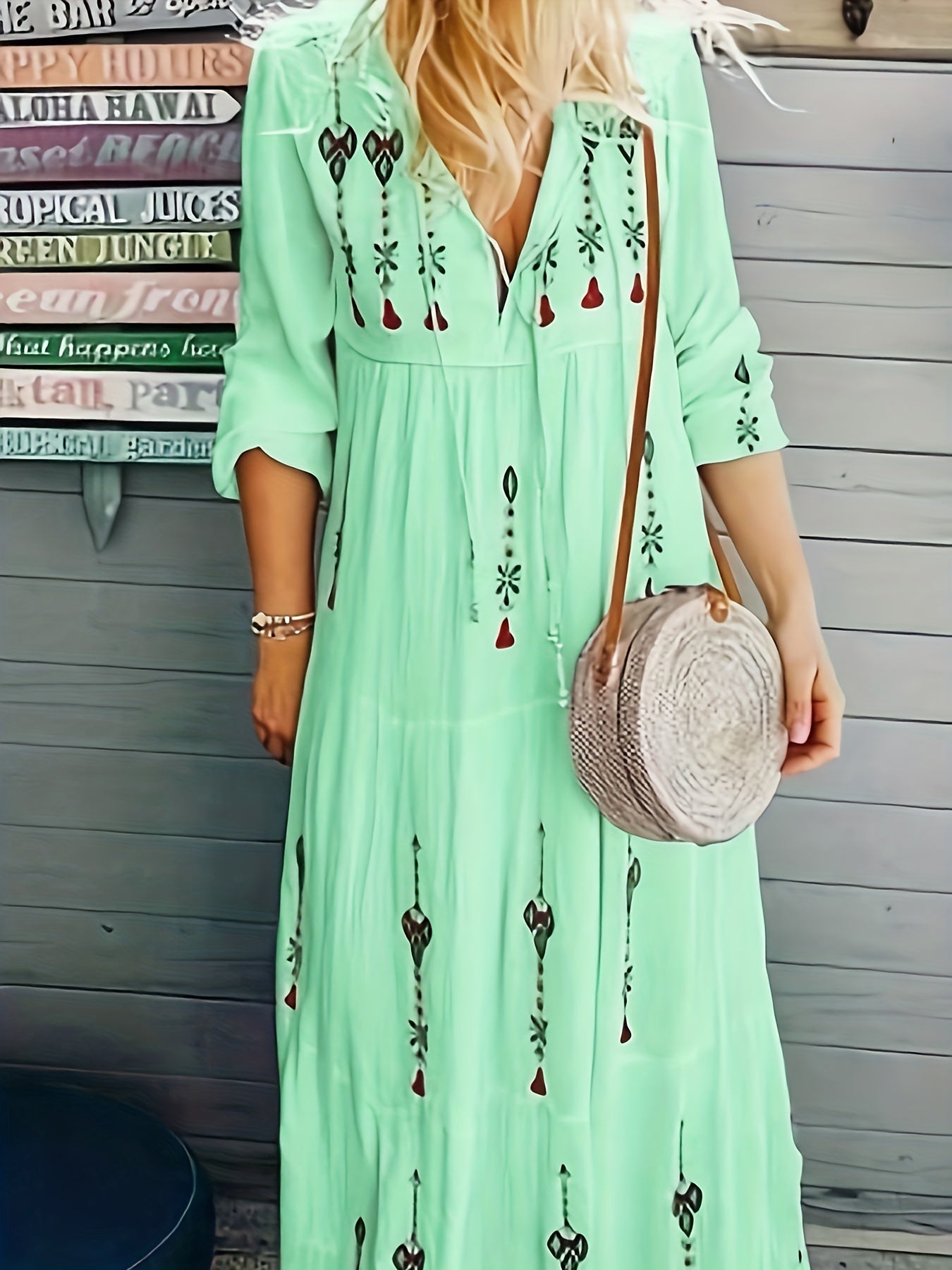 Women's Plus Geo Print Long Sleeve Boho Dress