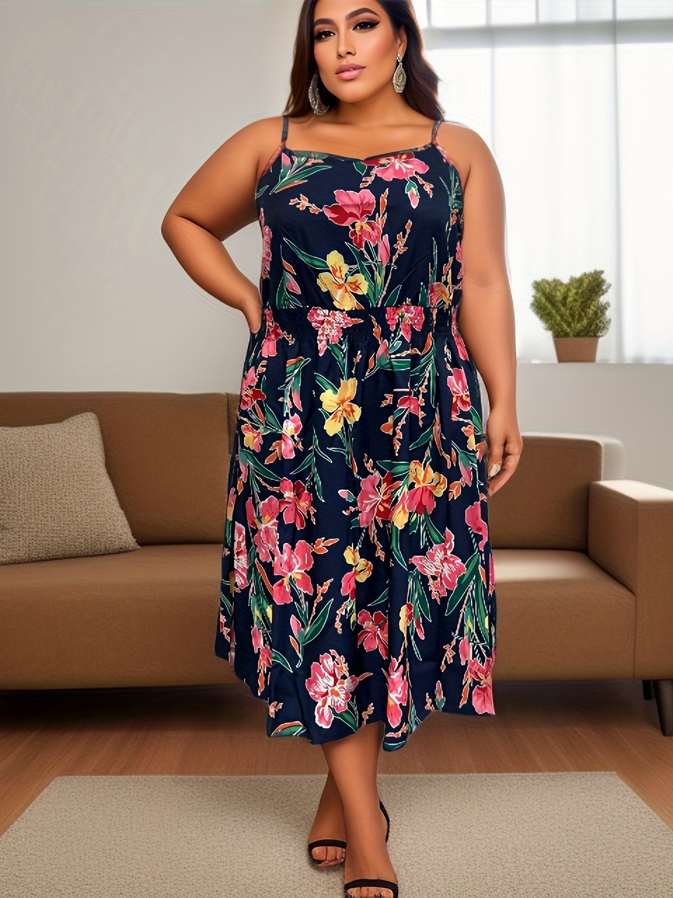  Floral Print Nipped Waist Midi Cami Dress