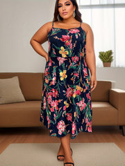  Floral Print Nipped Waist Midi Cami Dress
