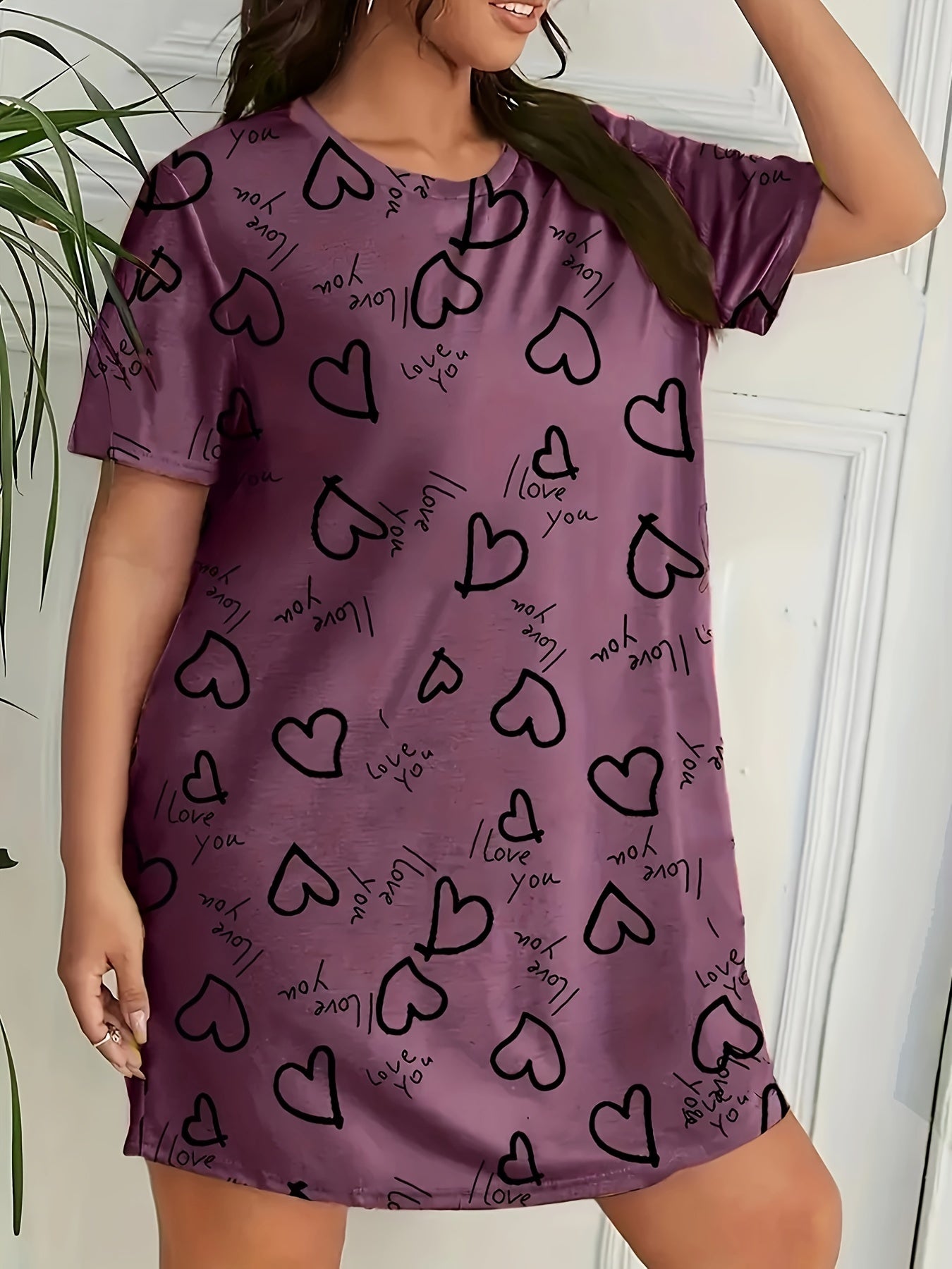  Heart Print Short Sleeve Tee Sleep Dress