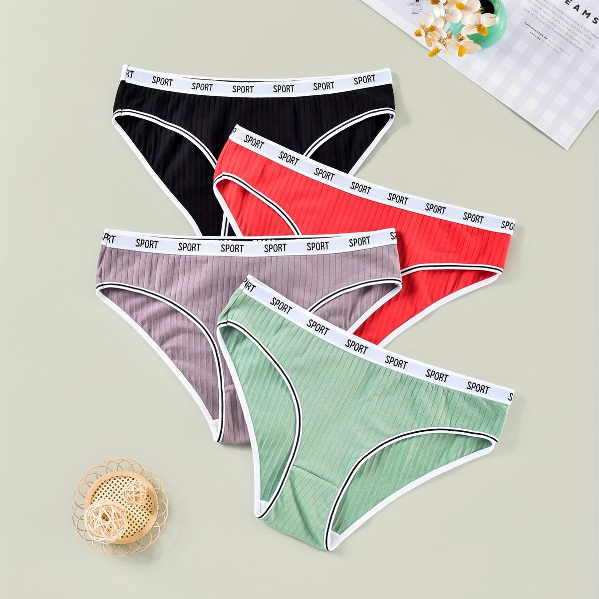 4 Pack Plus Size Casual Underwear Set Women's Plus Striped Letter Trim Underwear