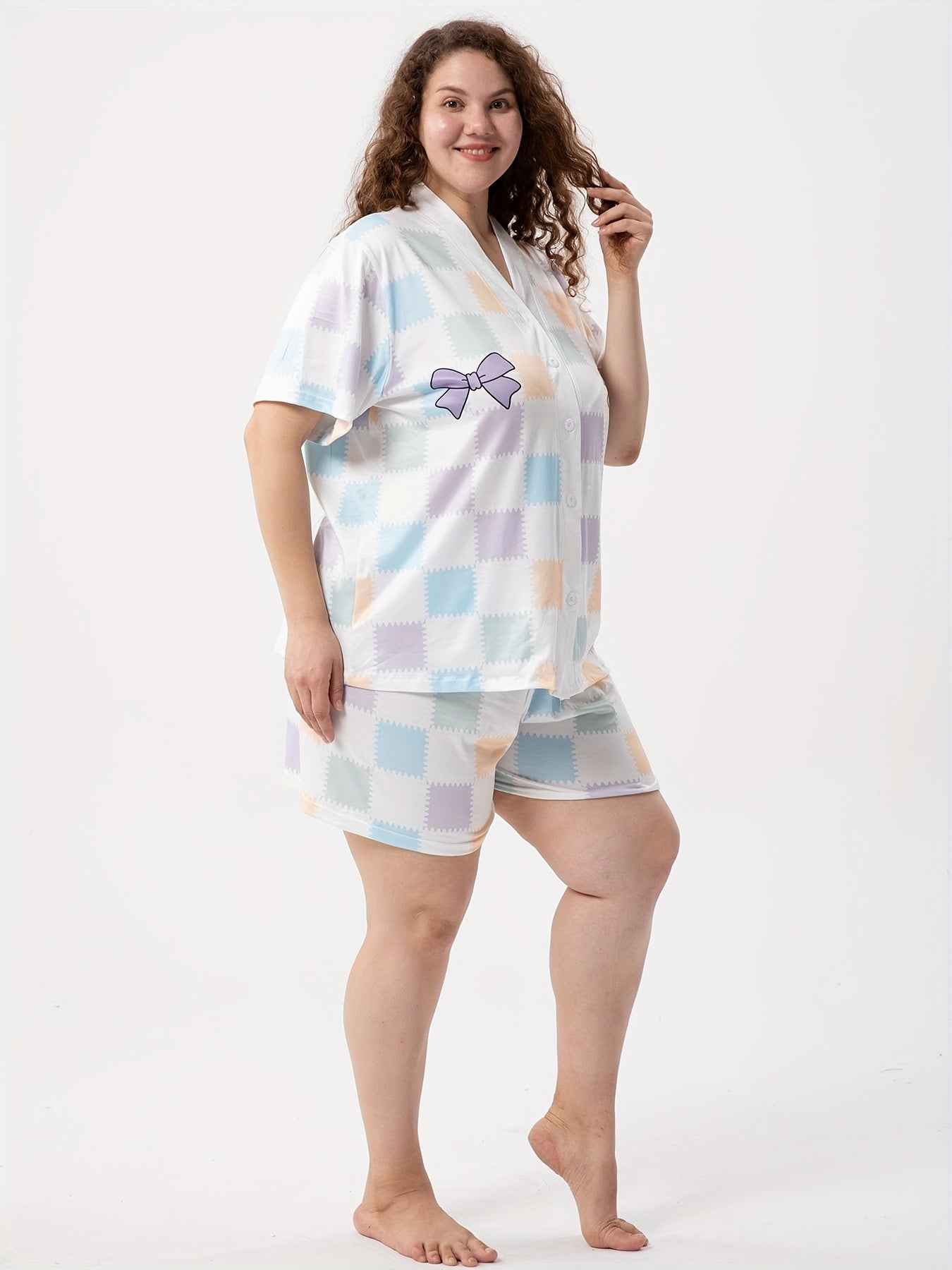  Colorful Plaid & Bow Knot Print Pajama Set