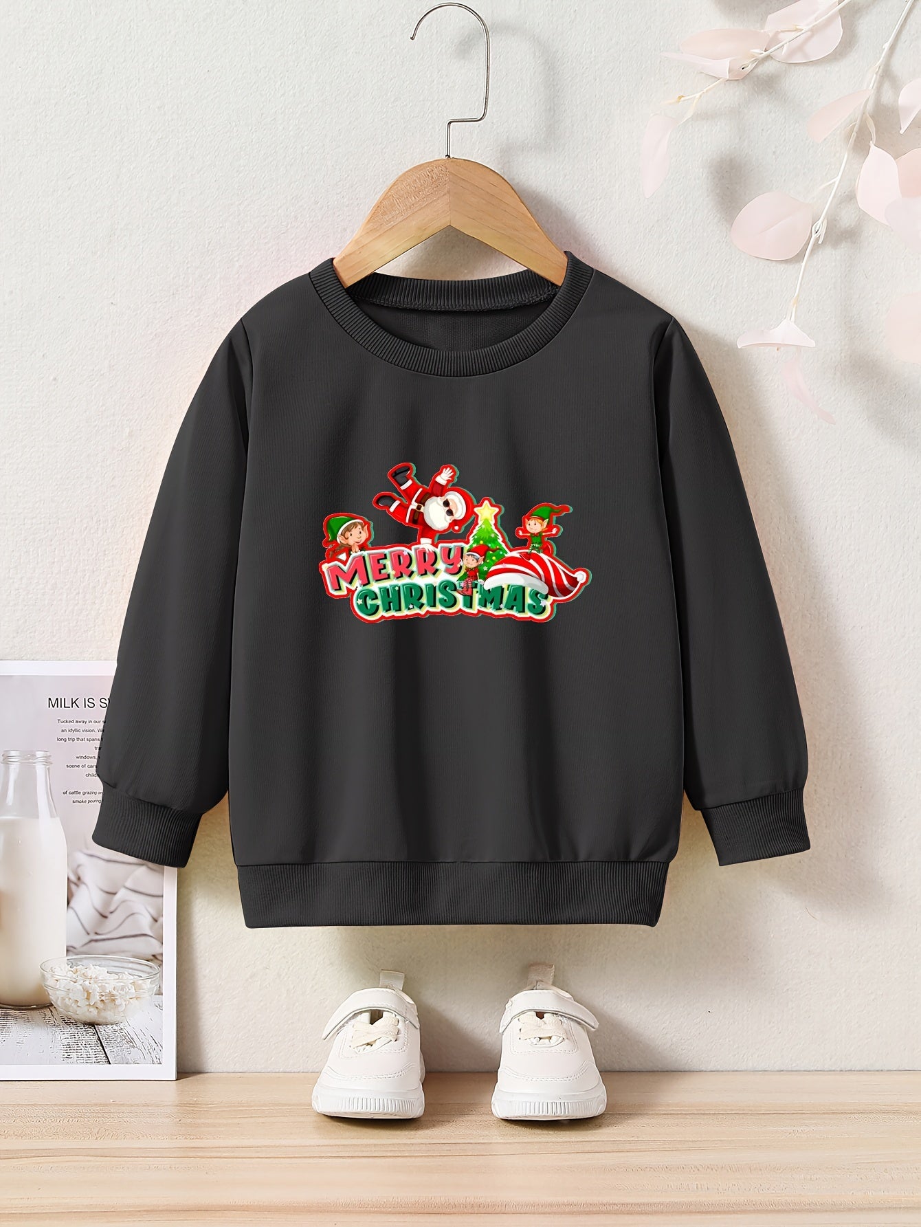 Santa & Elf Graphic Crew Neck Long Sleeve Sweatshirt Kids Christmas Gift