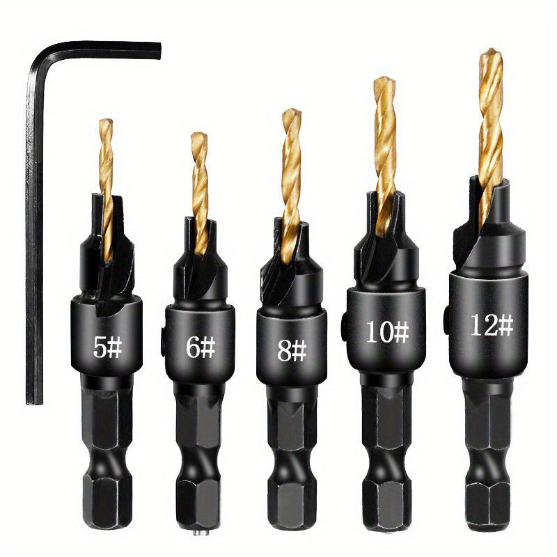 5pcs Woodworking Countersink Drill Bit Set for Pilot Holes 5-12 Size