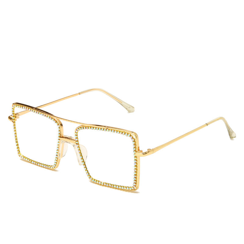 Square Clear Lens Rhinestone Sunglasses Metal Frame Women Eyewear