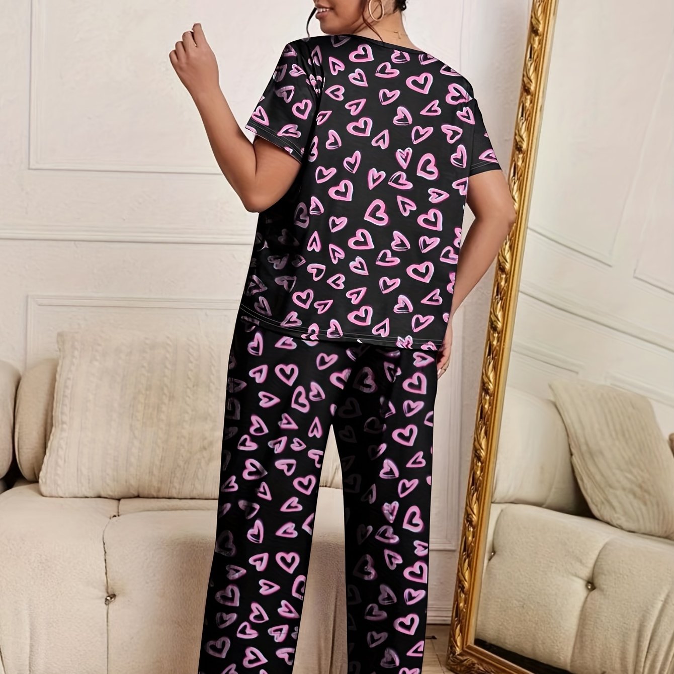  Heart Print Pajama Set Short Sleeve Top & Pants Two Piece