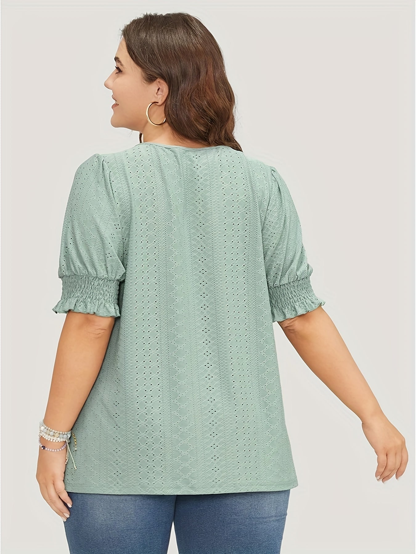  Eyelet Embroidered Puff Sleeve Blouse