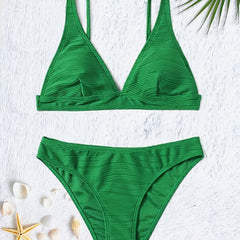 Textured V Neck Triangle Bikini Swimsuit