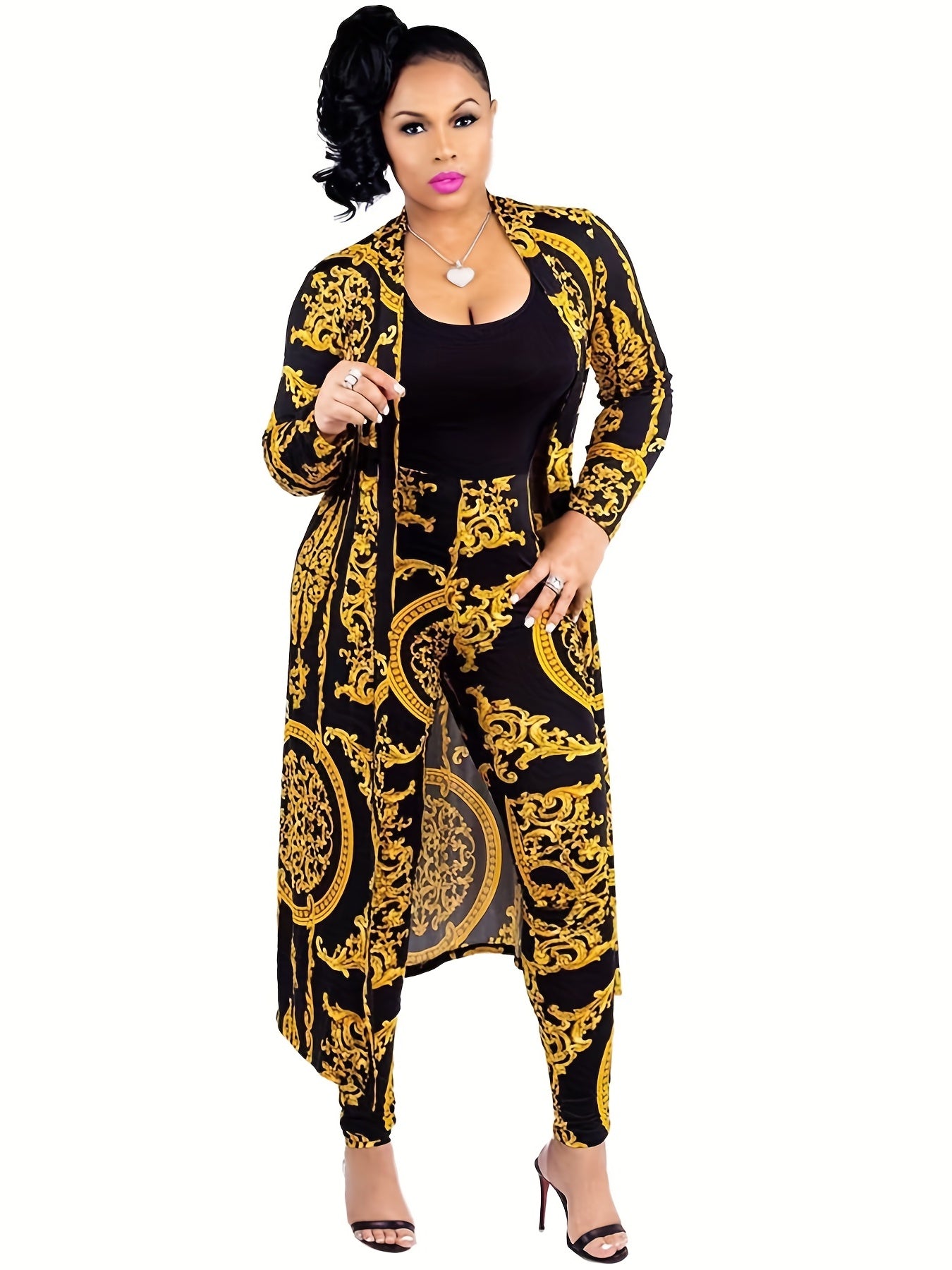 Floral Print Two Piece Set Long Sleeve Coat & Pants Outfit