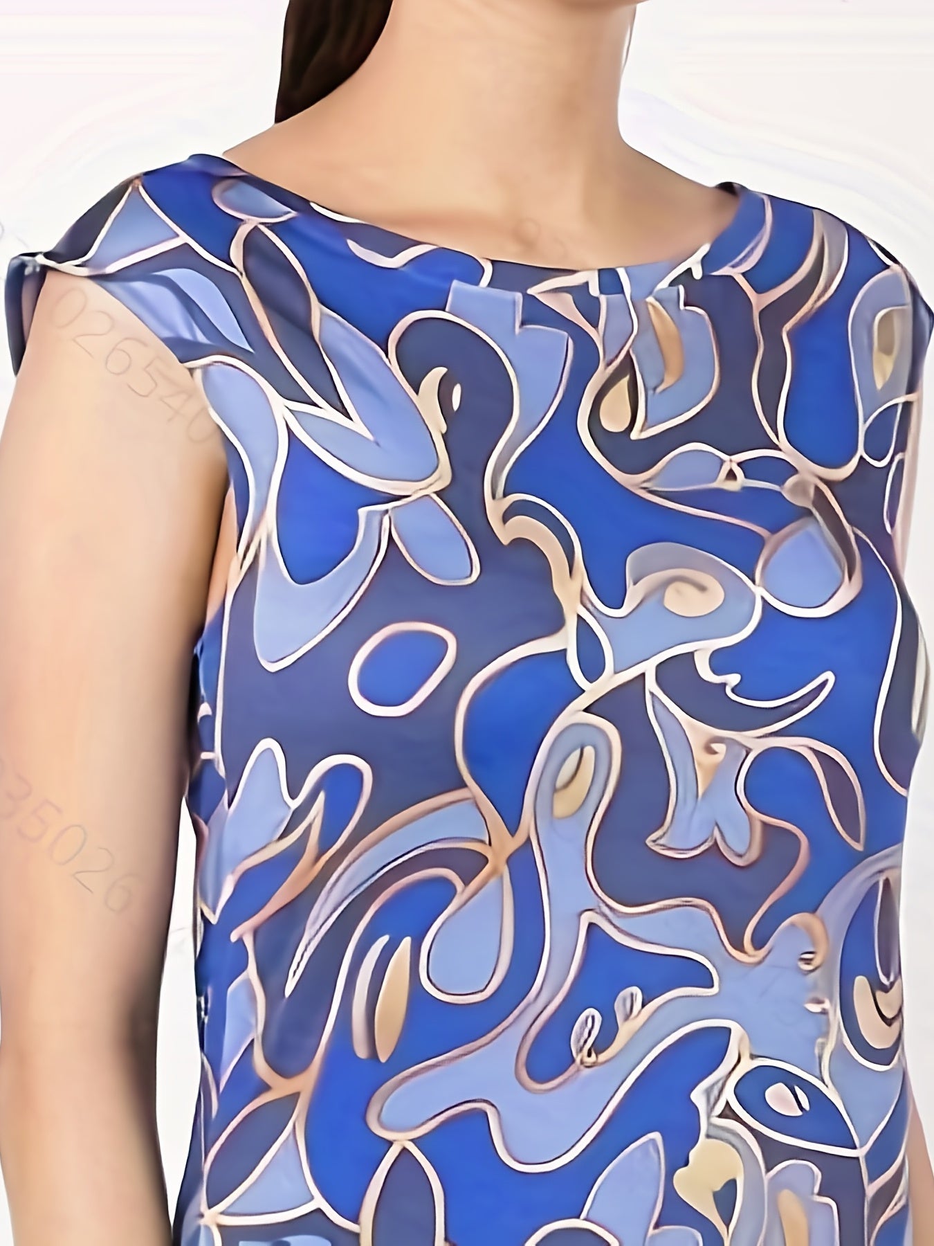  Abstract Print Cap Sleeve Stretch Split Dress