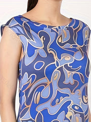  Abstract Print Cap Sleeve Stretch Split Dress