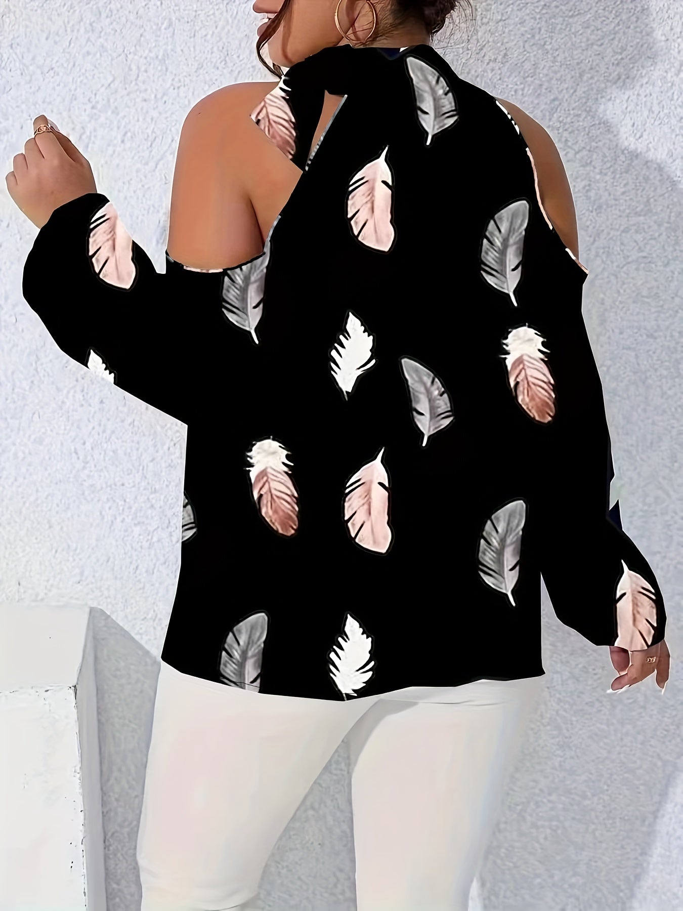  Feather Print Halter Neck Blouse