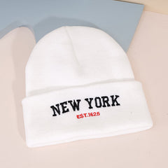 Solid Vintage Embroidered Knit Hat 'NEW YORK'